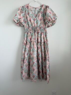 Floral Puff Sleeve Tiered Midi Dress - Pink & Green